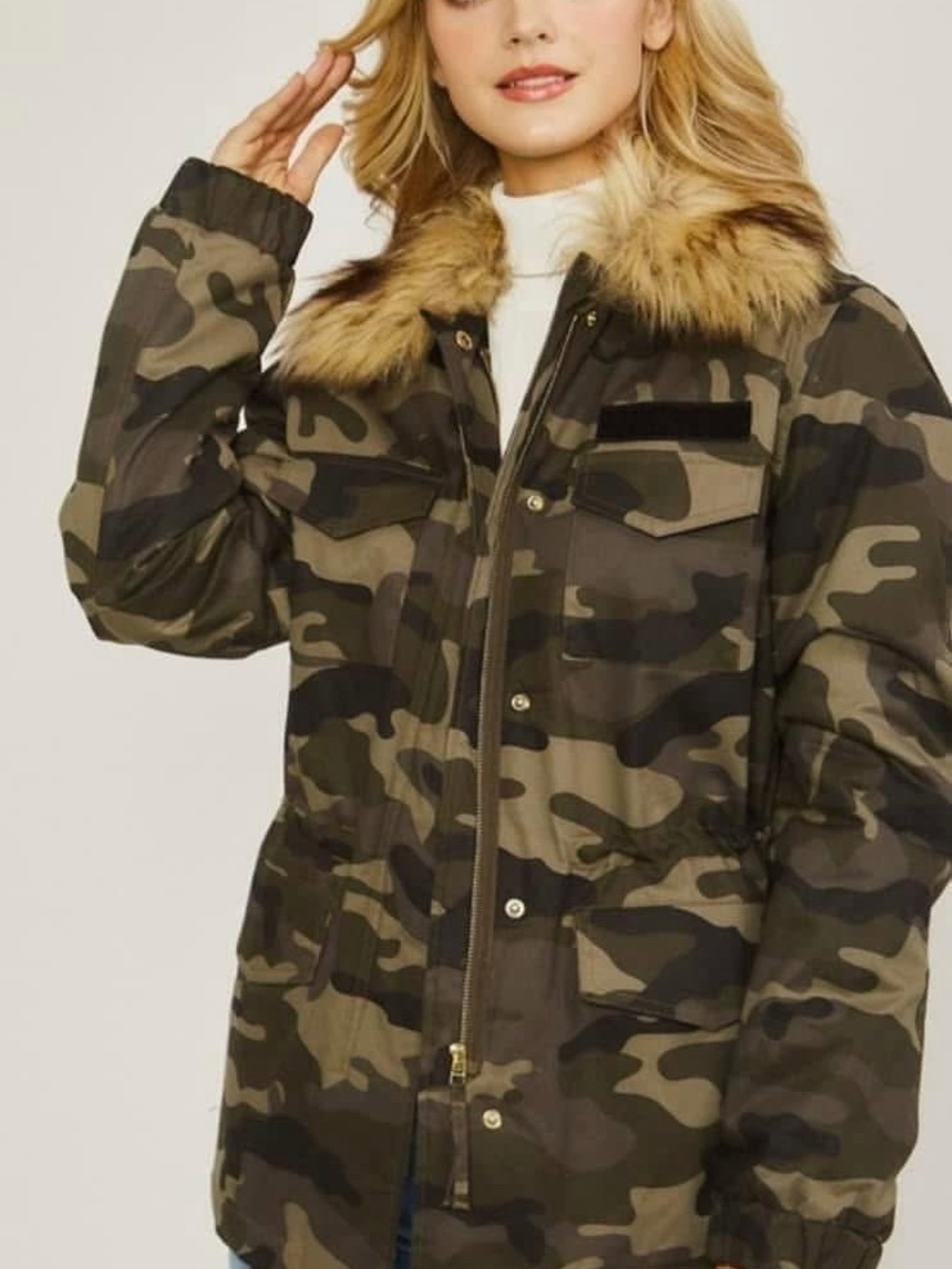Love Tree Green Camo Puffer Jacket with Faux-Fur Collar